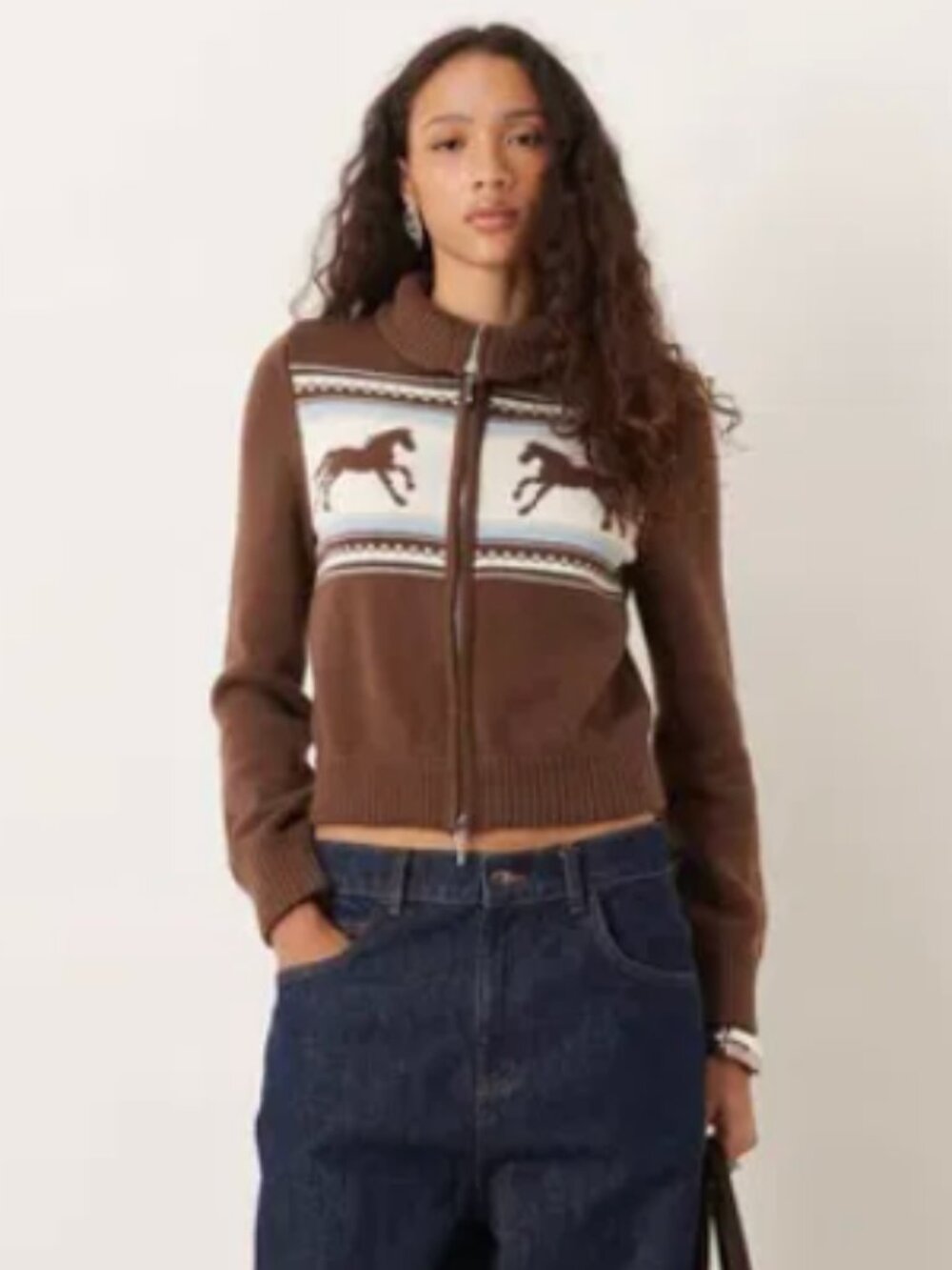 Abercrombie & Fitch Double Zip Foldover Collar Horse Graphic Cardigan Brown XS - Picture 5 of 7